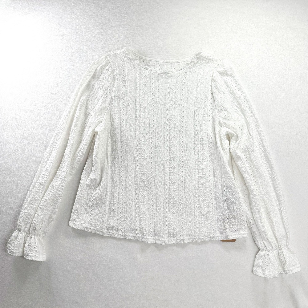 Women White Eyelet Embroidered Long Puff Sleeve Romantic Cottagecore Boho Blouse
